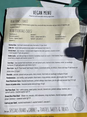 Vegan menu 2023  at Poke the Bear in Northcote