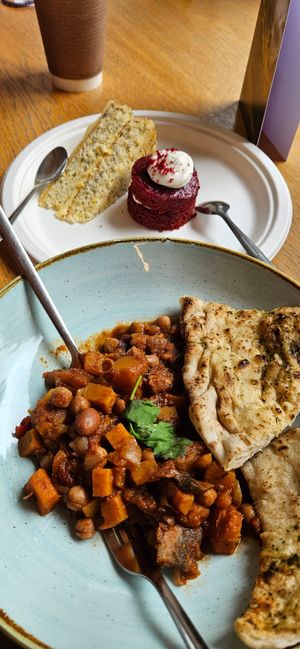 Vegan Tikka and cake (the red one) at Highland Coo Café in Glencoe
