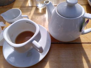 Decaf tea and oat milk (March 2024) at The Old Boat House in Amble