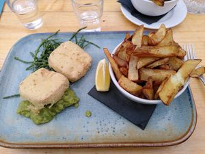 Tofu fish and chips (March 2024) at The Old Boat House in Amble