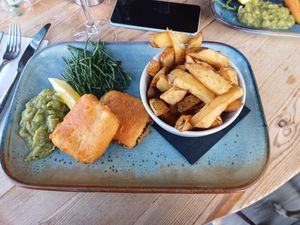 Vegan fish and chips. We particularly enjoyed the samphire at The Old Boat House in Amble