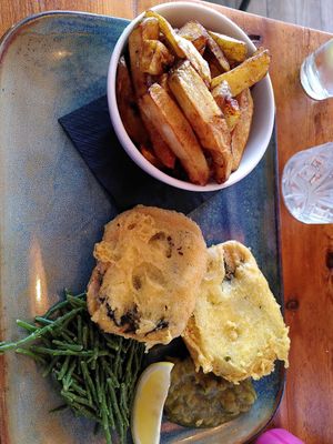 Vegan fish and chips (May 2025) at The Old Boat House in Amble