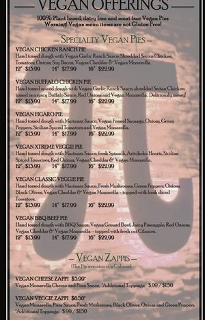 Vegan menu at The Pie Underground in Salt Lake City