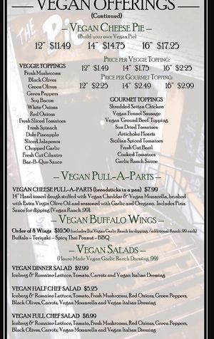 Vegan menu at The Pie Underground in Salt Lake City