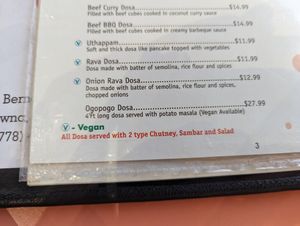 Menu at Dosa Crepe Cafe in Vernon