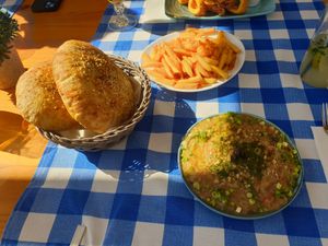 Pita Bread, french fries and eggplant puree at Vega in Nessebar