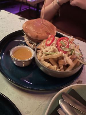 Katsu burger with salt and chilli loaded fries   at August House in Glasgow