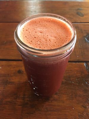 Incredible juices - they have some on the menu, but they'll make whatever you want. This was on the menu - carrot, celery, parsely, ginger - and I added beets at Pura Vida in Todos Santos