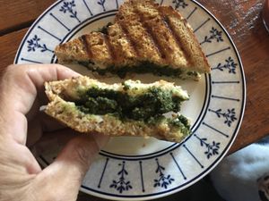 Vegan pesto sandwich with vegan mozzarella (30 pesos extra for the vegan mozzarella, compared to 'regular' mozzarellla) at Pura Vida in Todos Santos