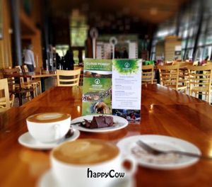 Soya latte and vegan and GF chocolate cake at Horopito Cafe in Dunedin