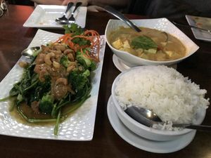 Peanut broccoli and yellow curry  at Ban Chok Dee in Langley