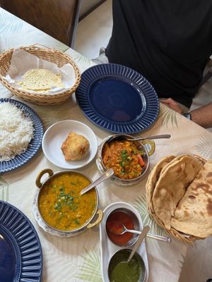 Mixed vegetable curry,  Dal Tadka, 1 samosa, rice and 3 x Roti, papadum complementary   at Indian Restaurant Mithila - 大阪・道頓堀のインドレストラン ミティラー in Osaka