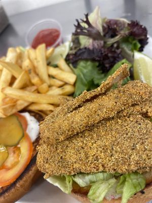 Fysh and chips dinner at Iconic Vegan Cafe in Dallas