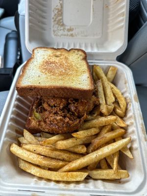 Hot Maple Blue Oyster sandwich with fries  at Iconic Vegan Cafe in Dallas