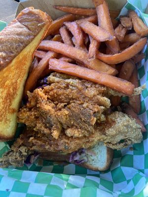 Hot Blue Oyster Sandwich & sweet potato fries   at Iconic Vegan Cafe in Dallas
