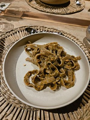 Their homemade sage and hazelnuts pasta at il Brucaliffo Cucina in Castiglione Dorcia