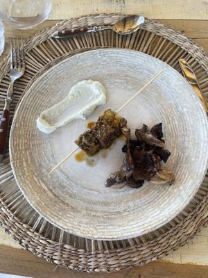 Tempeh skewers with mushrooms and vegan mayo  at il Brucaliffo Cucina in Castiglione Dorcia