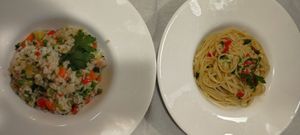 Vegetables risotto, garlic & oil linguini at Restorant 4 Stinet in Vlore