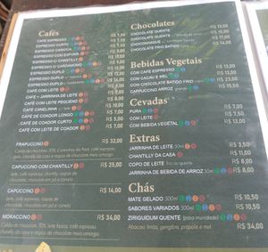 vegan options indicated in green on the menu at Padaria Integrale in Ubatuba