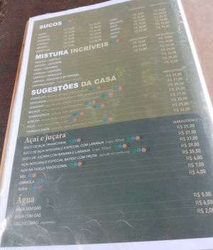vegan options indicated in green on the menu at Padaria Integrale in Ubatuba
