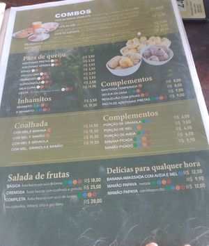 vegan options indicated in green on the menu at Padaria Integrale in Ubatuba