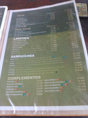 vegan options indicated in green on the menu at Padaria Integrale in Ubatuba