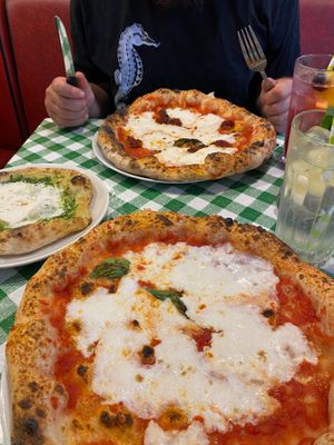 Vegan margherita, garlic bread with vegan cheese, vegan nduja pizza.  at Pizza Pilgrims in Nottingham