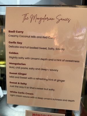 Sauces description  at The Mongolorian BBQ in Orlando