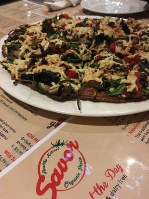 Mushroom and spinach pizza with daiya cheese!  at Savor in Norwalk