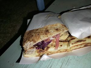 Kamut piadina with hummus and radicchio ( crescione underneath) at Il Chioschetto in Ravenna