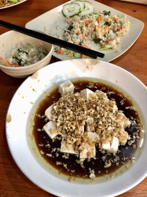 Steamed tofu with vegetable fried rice.  at Borneo Rock Cafe in Semporna