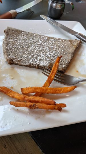 Sugar shack crepe with vegan buckwheat batter. No butter. And some sweet potato fries. at Skinny Pancake in Montpelier