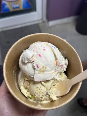 1 scoop pistacho, 1 scoop birthday cake  at Plant Love Ice Cream  in Gulfport