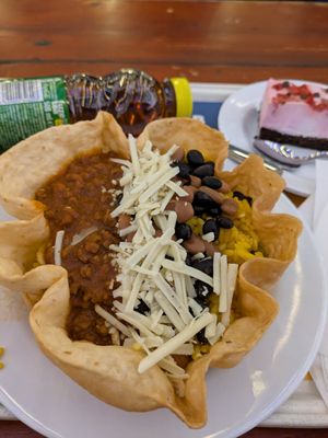 Chili sin carne with vegan cheese at PortAventura World in Tarragona