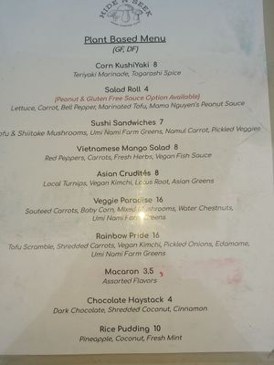 Vegan Menu at Hide N' Seek in Sooke