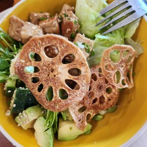 Lotus Root Chips in vegan 🥣 bowl at Cafe Inu in Carrington