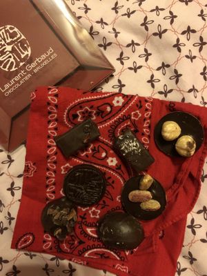 Sampling of chocolates  at Laurent Gerbaud Chocolatier in Brussels