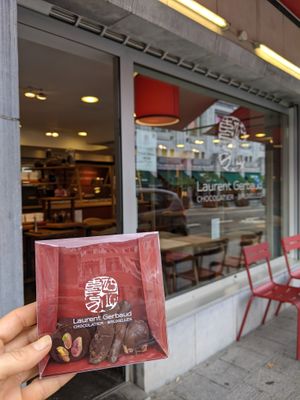 Outside the shop at Laurent Gerbaud Chocolatier in Brussels