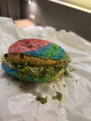 Rainbow burger bun! The sauce was super tasty   at Vegan House - Bukit Damansara in Kuala Lumpur