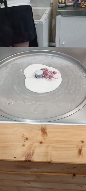 Coconut icecream with fresh raspberries and oreo at Chop and Roll in Kos