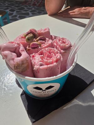 Coconut ice-cream with raspberries and pistachios. at Chop and Roll in Kos