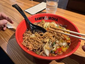 Vegan black ramenn  at Menya Iroha CiC - 麺家いろは CiC店 in Toyama