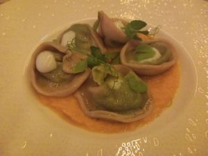 Primo, ravioli ripieni di patate ed erbette su crema di carote at Bella Iseo Ristorante in Iseo
