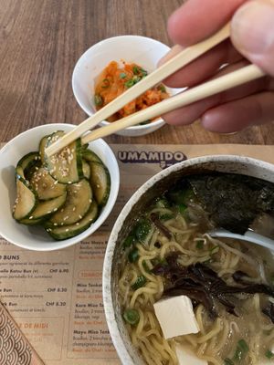 Vegan ramen and side dishes  at Umamido Rive in Geneva