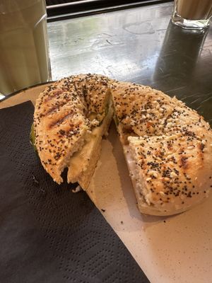 Creme cheese bagel with cucumber and caramelized sunflower seeds  at A Little Lost in Munich