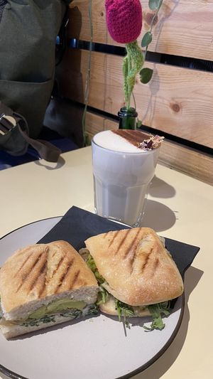 Chai latte with avocado sandwich   at A Little Lost in Munich