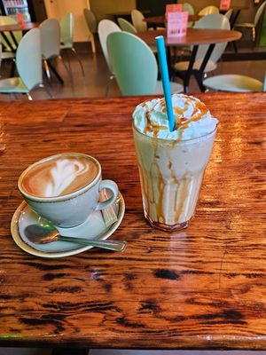 Flat white and salted caramel milkshake at Plant. Eat. Licious in Bath