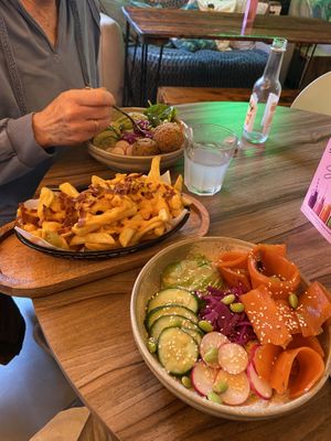 Poke Bowls (plant salmon and falafels) plus dirty fries - excellent!  at Plant. Eat. Licious in Bath