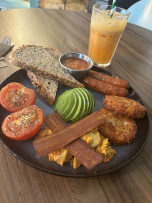 Full fry up and fresh juice   at Plant. Eat. Licious in Bath