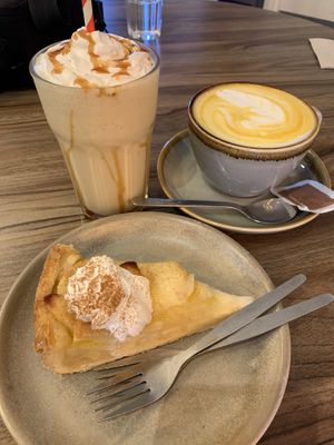 Apple pie, salted caramel milkshake and turmeric latte    at Plant. Eat. Licious in Bath